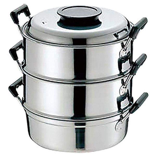 ステンレス製 丸型三段蒸し器27cm PE 18-0 ステンレス 丸蒸器 3段 27cm - 調理器具のSHOKUBI