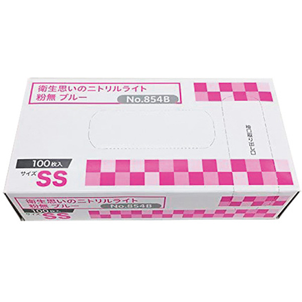 オカモト 854B 衛生思いのニトリルライト手袋 ブルー粉無 100枚入 M