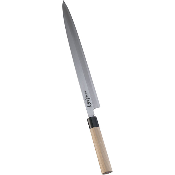 切り付け型　柳刃　包丁　和包丁　本焼　刃紋　正本総本店　純日本鋼　水牛柄 正本総本店 MASAMOTO 本焼・玉青鋼誂 壱鋼 乱打 8角柄付 柳刃刺身庖刀