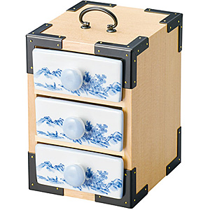 三段弁当 陶器引出 ×3ケ付 古代色・花式部 - 調理器具のSHOKUBI