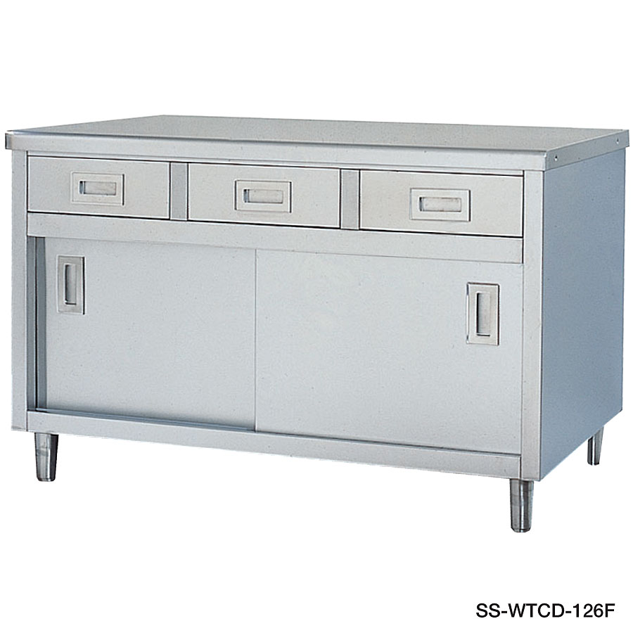 スギコ 盛付調理台 引違戸・引出し付戸棚 バックガード付き 奥行750mm