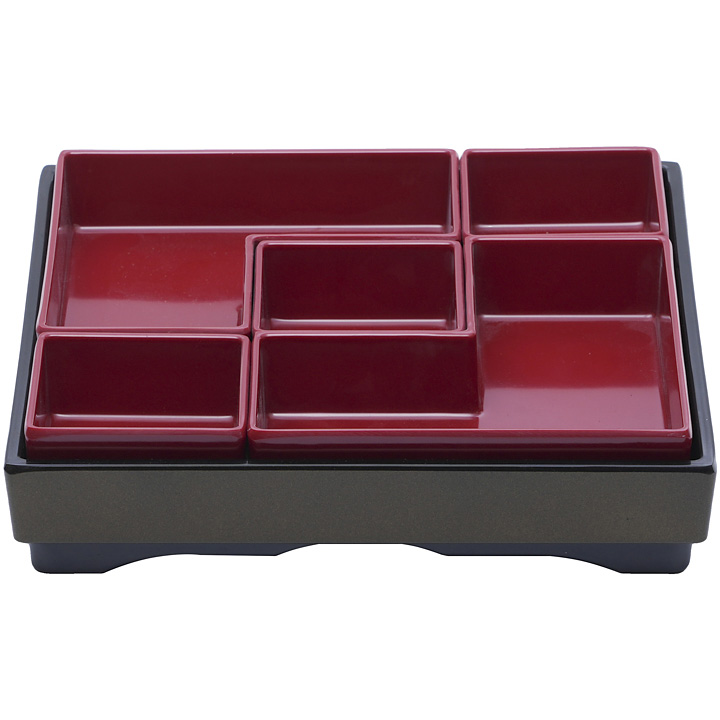 漆器　松花堂弁当箱　2セット 楽天市場】松花堂弁当箱 6マス仕切り 小鉢付き ABS樹脂黒塗り