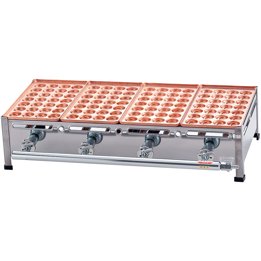 荒木金属製作所 銅 たこ焼機 28穴 Aタイプ LPガス 4連 - 調理器具のSHOKUBI
