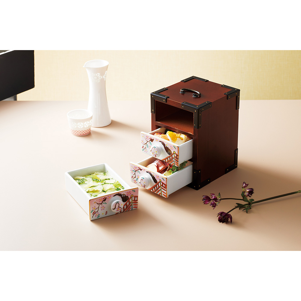 三段弁当 陶器引出 ×3ケ付 古代色・花式部 - 調理器具のSHOKUBI